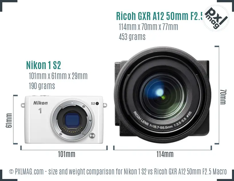 Nikon 1 S2 vs Ricoh GXR A12 50mm F2.5 Macro size comparison
