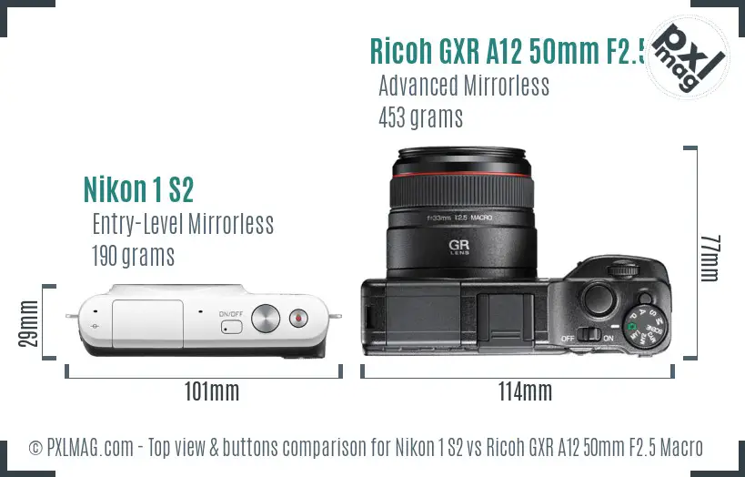 Nikon 1 S2 vs Ricoh GXR A12 50mm F2.5 Macro top view buttons comparison