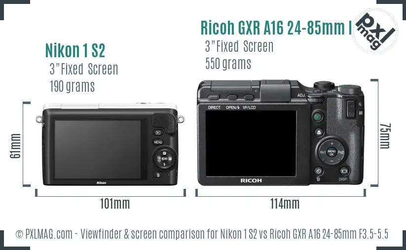 Nikon 1 S2 vs Ricoh GXR A16 24-85mm F3.5-5.5 Screen and Viewfinder comparison