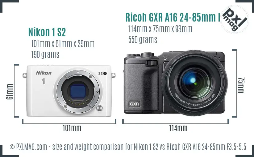 Nikon 1 S2 vs Ricoh GXR A16 24-85mm F3.5-5.5 size comparison