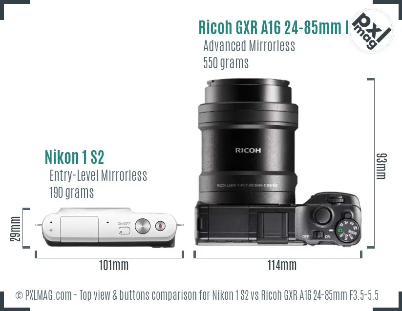 Nikon 1 S2 vs Ricoh GXR A16 24-85mm F3.5-5.5 top view buttons comparison