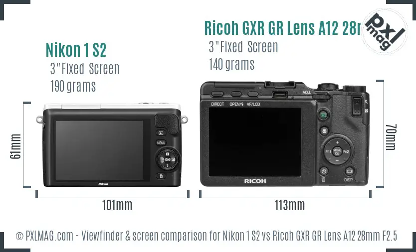Nikon 1 S2 vs Ricoh GXR GR Lens A12 28mm F2.5 Screen and Viewfinder comparison