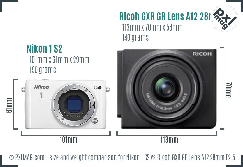 Nikon 1 S2 vs Ricoh GXR GR Lens A12 28mm F2.5 size comparison
