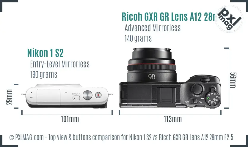 Nikon 1 S2 vs Ricoh GXR GR Lens A12 28mm F2.5 top view buttons comparison