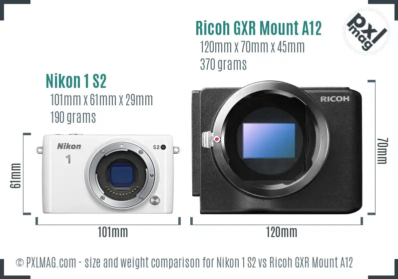 Nikon 1 S2 vs Ricoh GXR Mount A12 size comparison