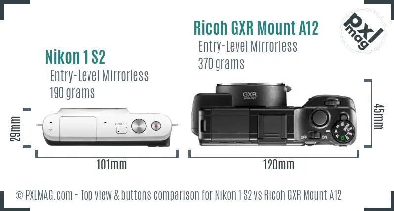 Nikon 1 S2 vs Ricoh GXR Mount A12 top view buttons comparison