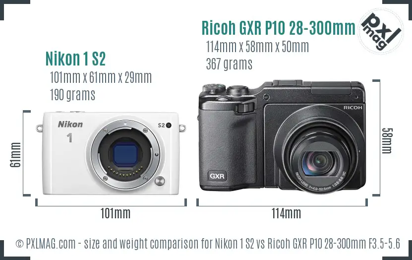 Nikon 1 S2 vs Ricoh GXR P10 28-300mm F3.5-5.6 VC size comparison
