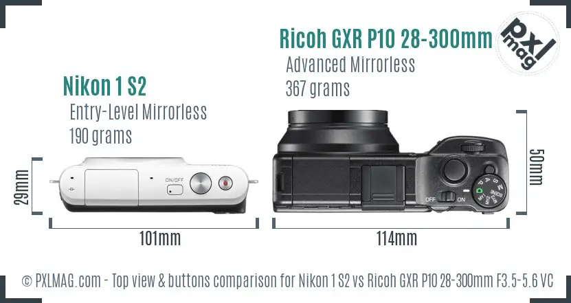 Nikon 1 S2 vs Ricoh GXR P10 28-300mm F3.5-5.6 VC top view buttons comparison