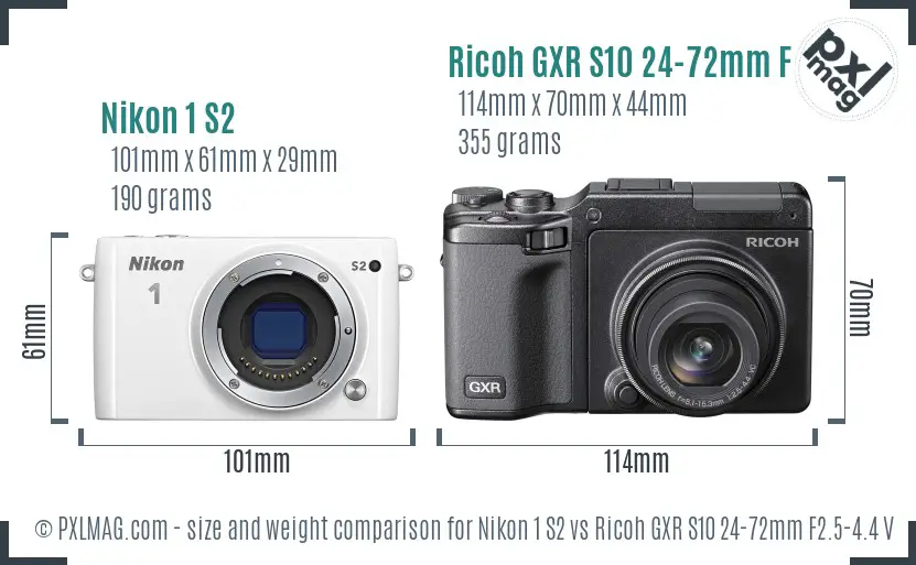 Nikon 1 S2 vs Ricoh GXR S10 24-72mm F2.5-4.4 VC size comparison