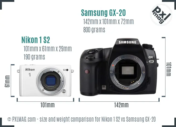 Nikon 1 S2 vs Samsung GX-20 size comparison
