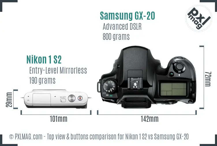 Nikon 1 S2 vs Samsung GX-20 top view buttons comparison