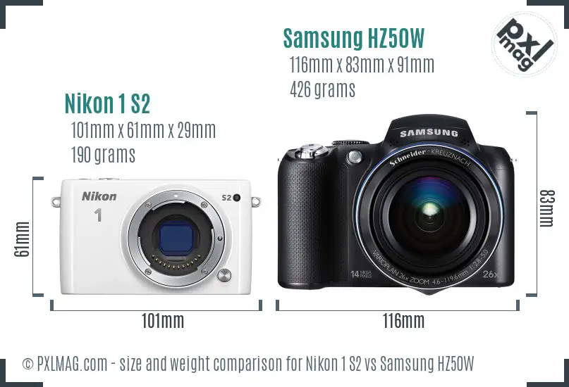 Nikon 1 S2 vs Samsung HZ50W size comparison