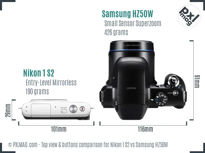 Nikon 1 S2 vs Samsung HZ50W top view buttons comparison