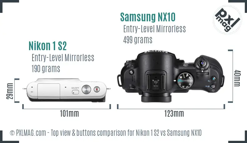 Nikon 1 S2 vs Samsung NX10 top view buttons comparison