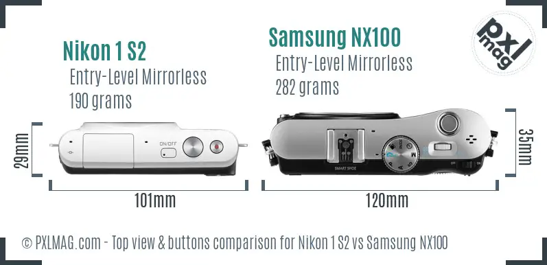 Nikon 1 S2 vs Samsung NX100 top view buttons comparison