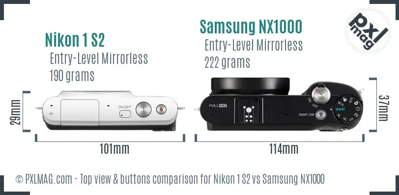 Nikon 1 S2 vs Samsung NX1000 top view buttons comparison