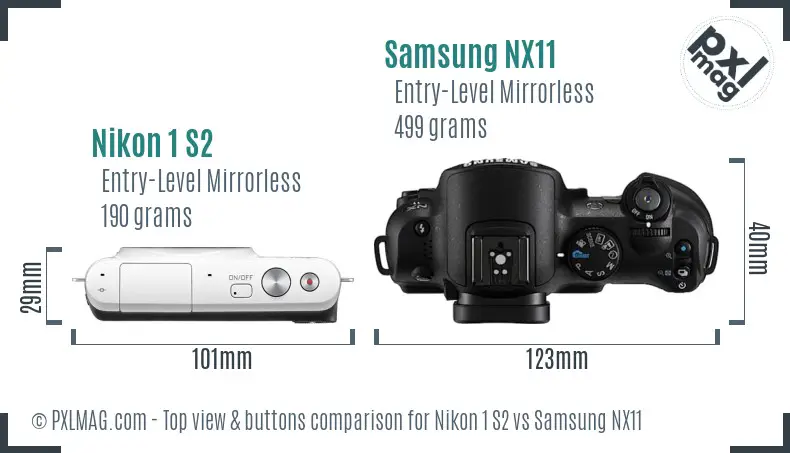 Nikon 1 S2 vs Samsung NX11 top view buttons comparison