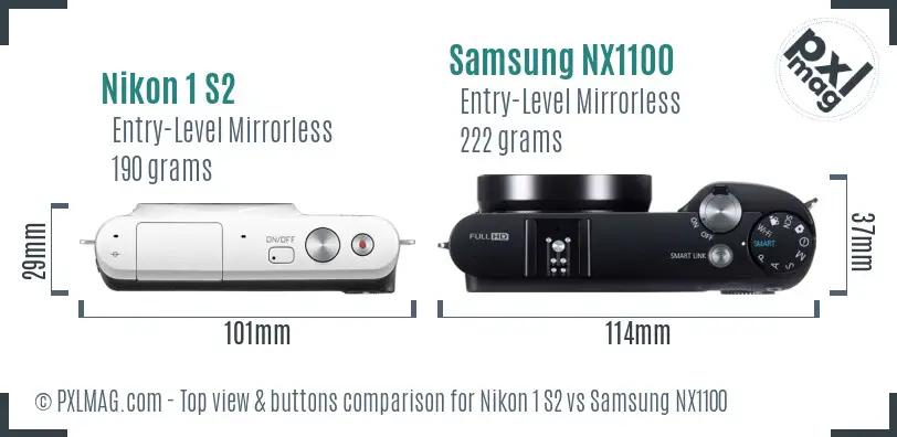 Nikon 1 S2 vs Samsung NX1100 top view buttons comparison