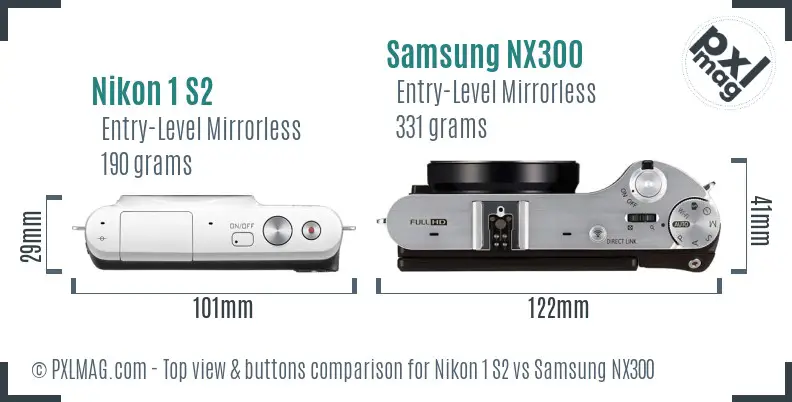 Nikon 1 S2 vs Samsung NX300 top view buttons comparison Nikon 1 S2 vs Samsung NX300 top view buttons comparison