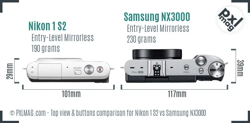 Nikon 1 S2 vs Samsung NX3000 top view buttons comparison