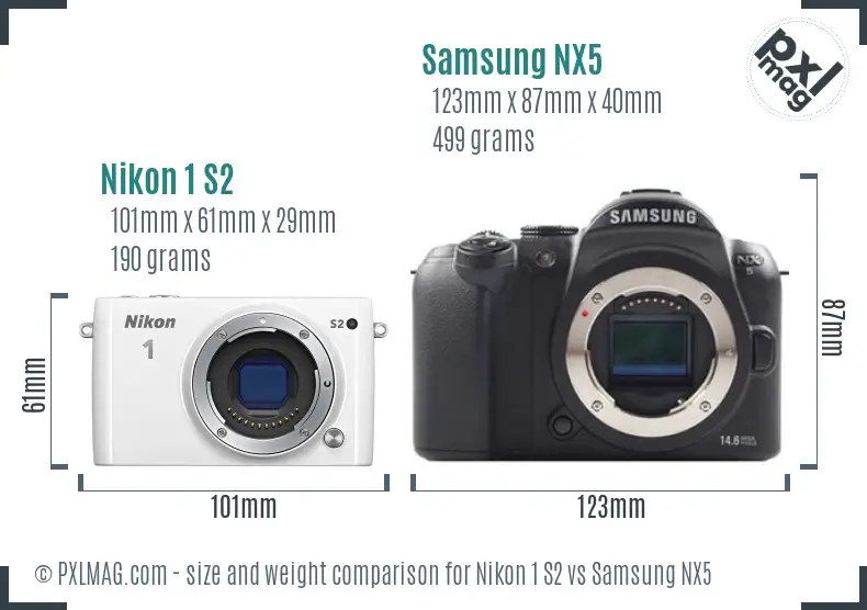 Nikon 1 S2 vs Samsung NX5 size comparison Nikon 1 S2 vs Samsung NX5 size comparison