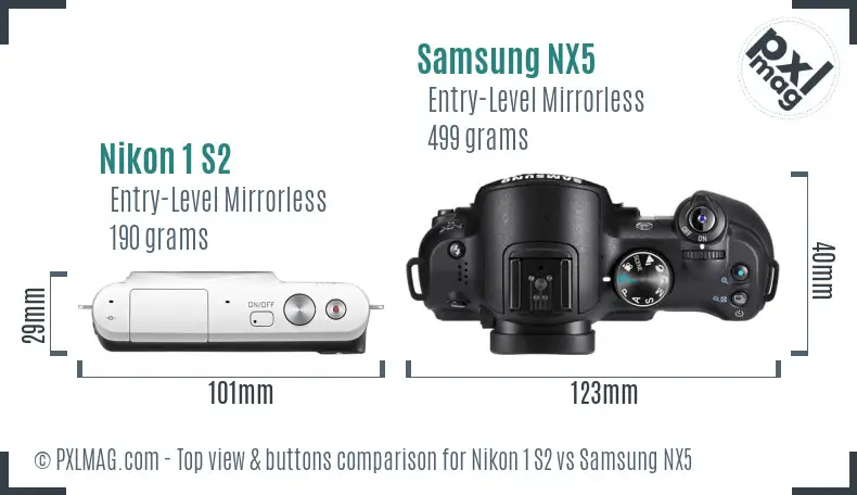 Nikon 1 S2 vs Samsung NX5 top view buttons comparison Nikon 1 S2 vs Samsung NX5 top view buttons comparison