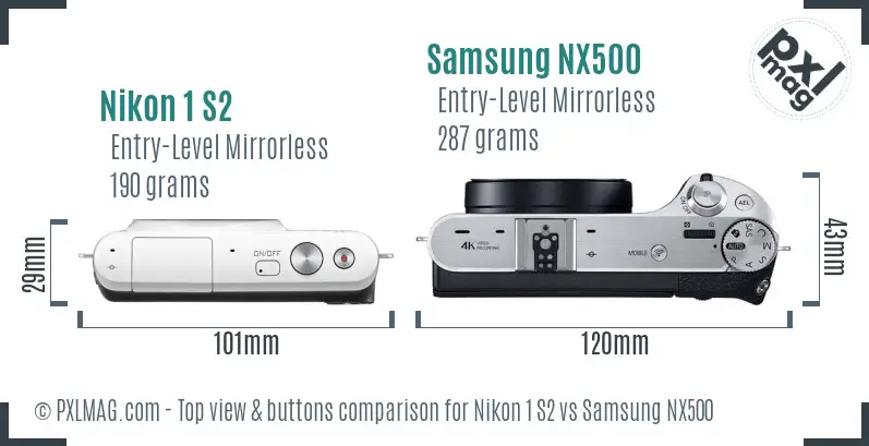 Nikon 1 S2 vs Samsung NX500 top view buttons comparison