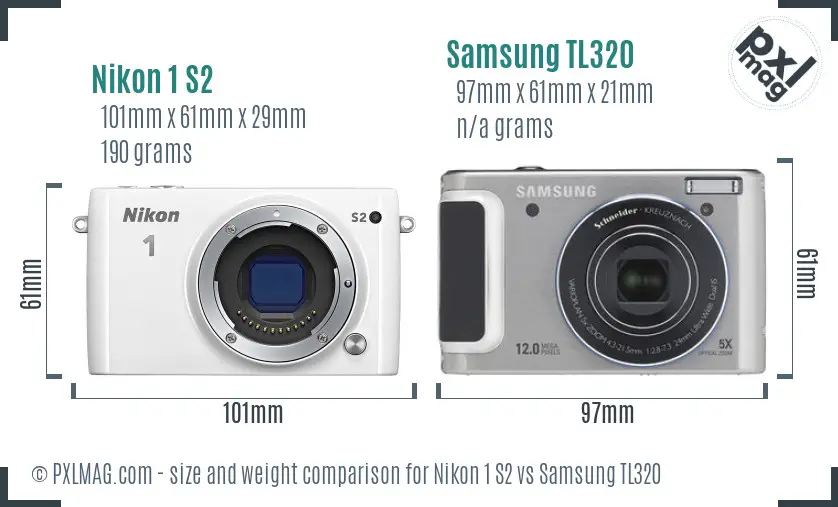 Nikon 1 S2 vs Samsung TL320 size comparison