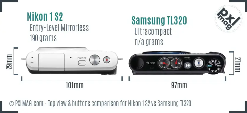 Nikon 1 S2 vs Samsung TL320 top view buttons comparison