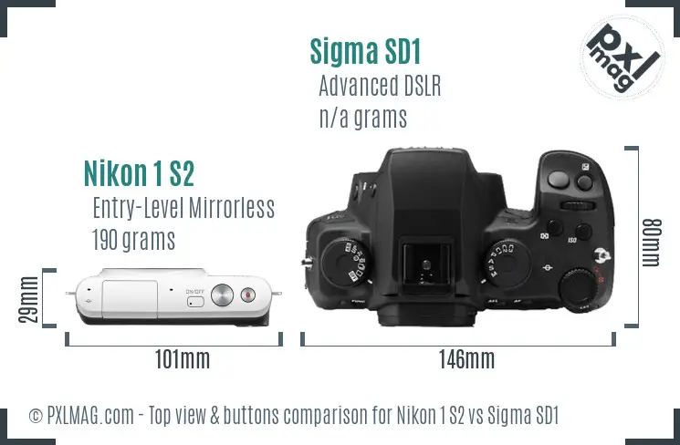 Nikon 1 S2 vs Sigma SD1 top view buttons comparison