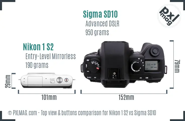Nikon 1 S2 vs Sigma SD10 top view buttons comparison