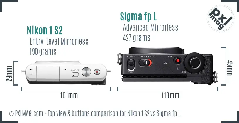 Nikon 1 S2 vs Sigma fp L top view buttons comparison Nikon 1 S2 vs Sigma fp L top view buttons comparison