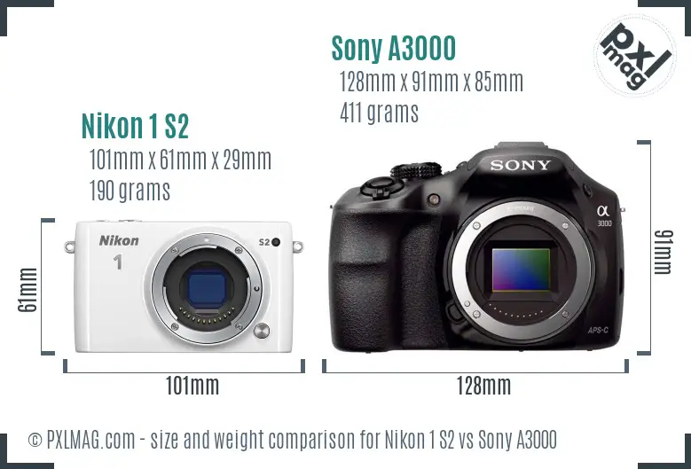 Nikon 1 S2 vs Sony A3000 size comparison