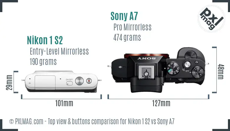 Nikon 1 S2 vs Sony A7 top view buttons comparison
