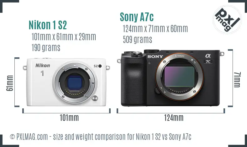 Nikon 1 S2 vs Sony A7c size comparison