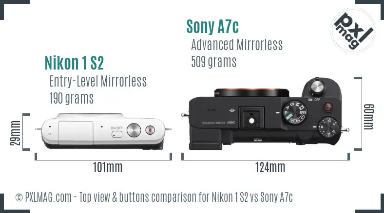 Nikon 1 S2 vs Sony A7c top view buttons comparison