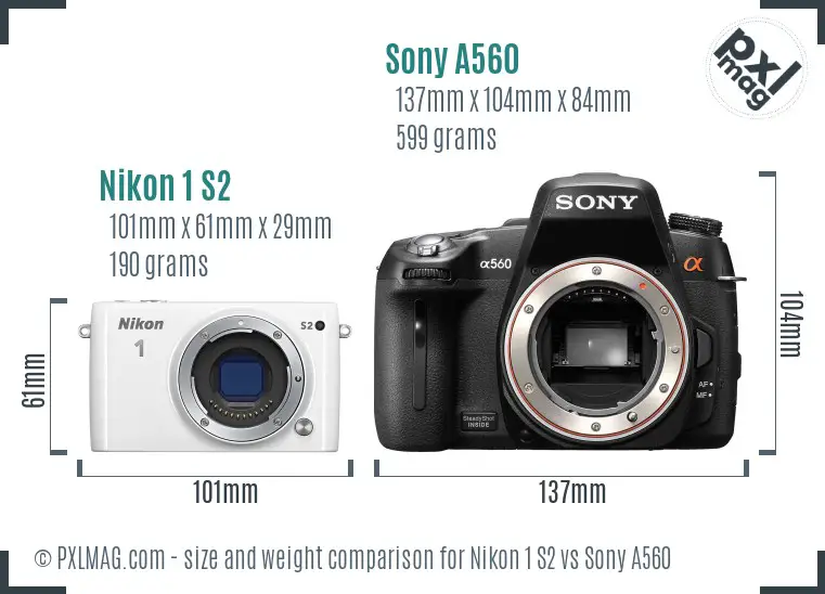 Nikon 1 S2 vs Sony A560 size comparison