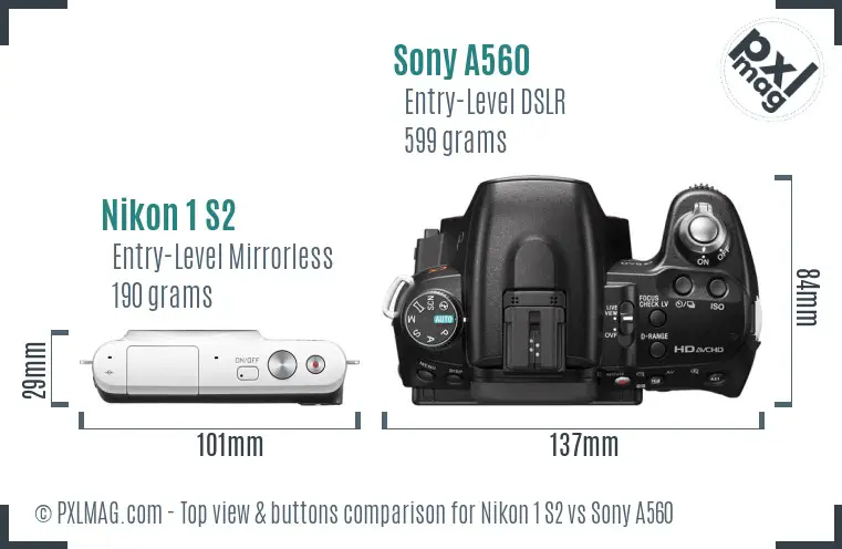 Nikon 1 S2 vs Sony A560 top view buttons comparison