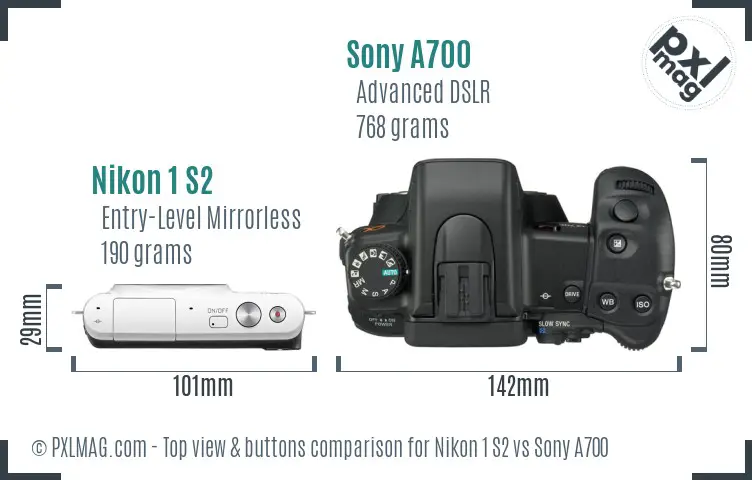 Nikon 1 S2 vs Sony A700 top view buttons comparison