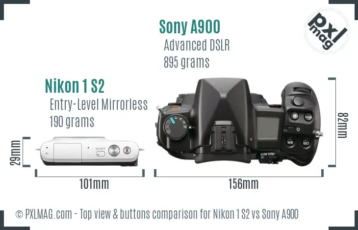 Nikon 1 S2 vs Sony A900 top view buttons comparison