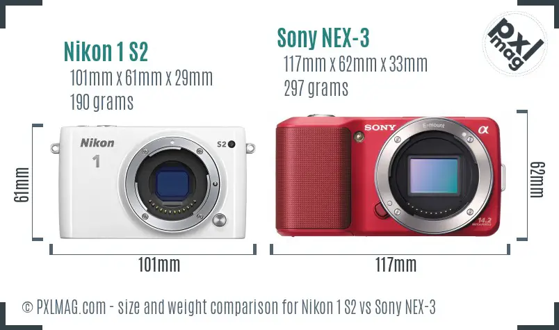 Nikon 1 S2 vs Sony NEX-3 size comparison