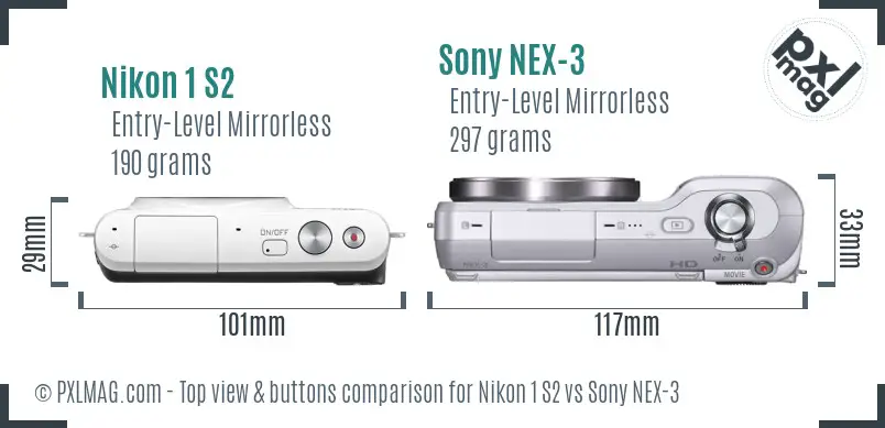 Nikon 1 S2 vs Sony NEX-3 top view buttons comparison