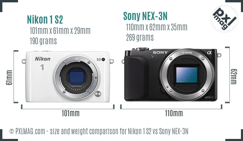 Nikon 1 S2 vs Sony NEX-3N size comparison