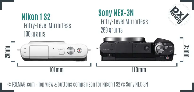 Nikon 1 S2 vs Sony NEX-3N top view buttons comparison