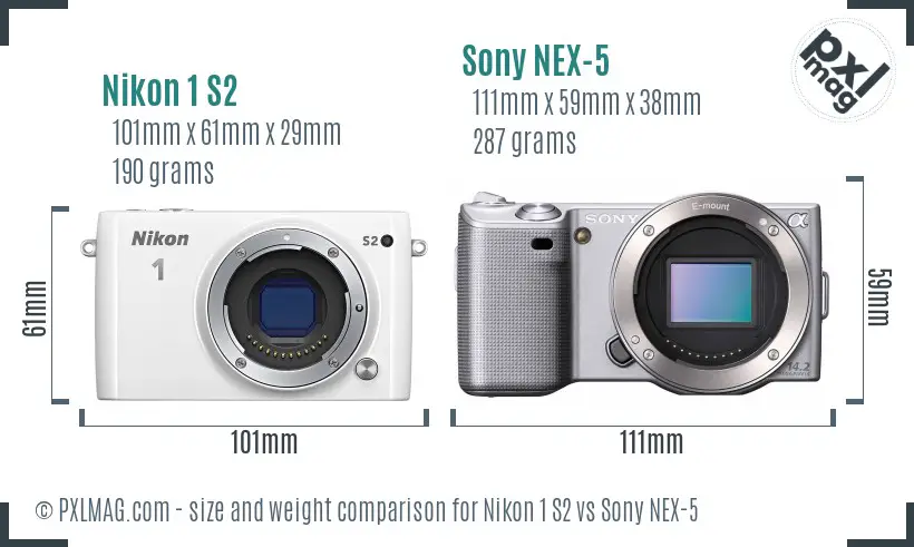 Nikon 1 S2 vs Sony NEX-5 size comparison