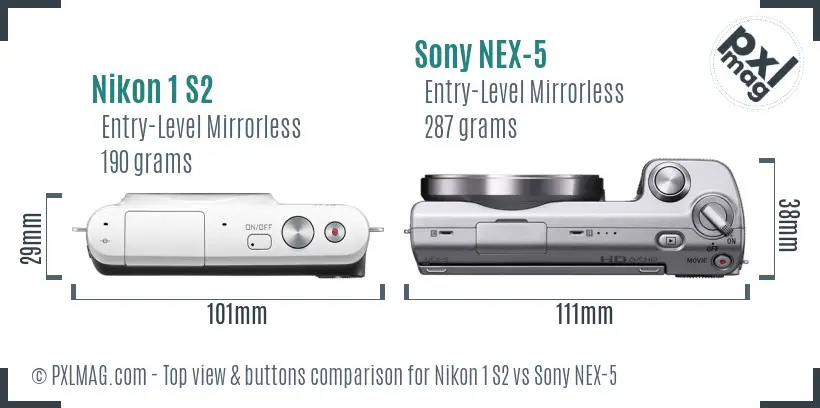 Nikon 1 S2 vs Sony NEX-5 top view buttons comparison