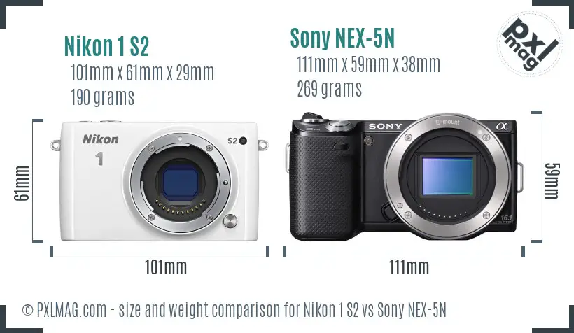 Nikon 1 S2 vs Sony NEX-5N size comparison Nikon 1 S2 vs Sony NEX-5N size comparison