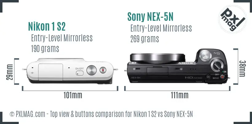 Nikon 1 S2 vs Sony NEX-5N top view buttons comparison Nikon 1 S2 vs Sony NEX-5N top view buttons comparison