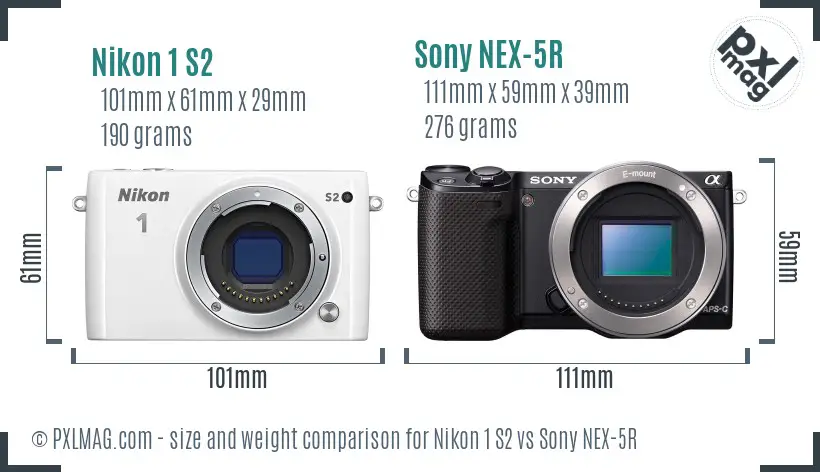 Nikon 1 S2 vs Sony NEX-5R size comparison
