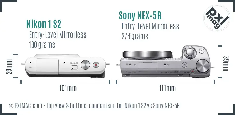 Nikon 1 S2 vs Sony NEX-5R top view buttons comparison
